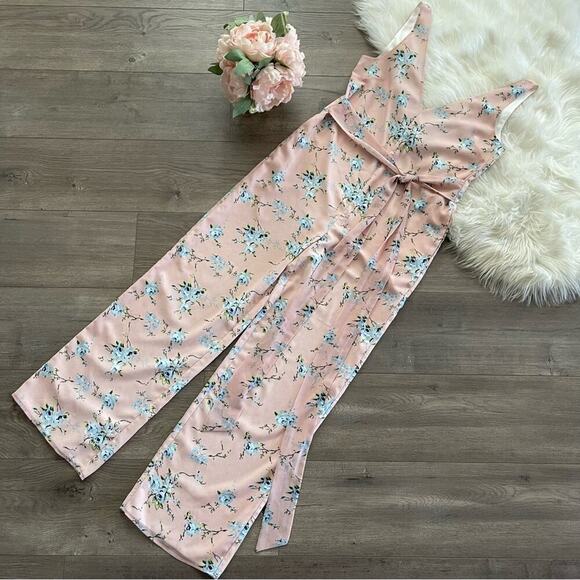 New LPA Alina Light Pink Floral Wide Leg Belted Jumpsuit - Picture 5 of 10